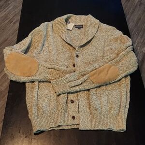 VTG Lands End Wool Cardigan Sweater Mens XL Beige Suede Elbow Cableknit